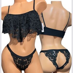 Victorias Secret Set Body Lace Ruffle bralette bra Peekaboo Cheekini panty black